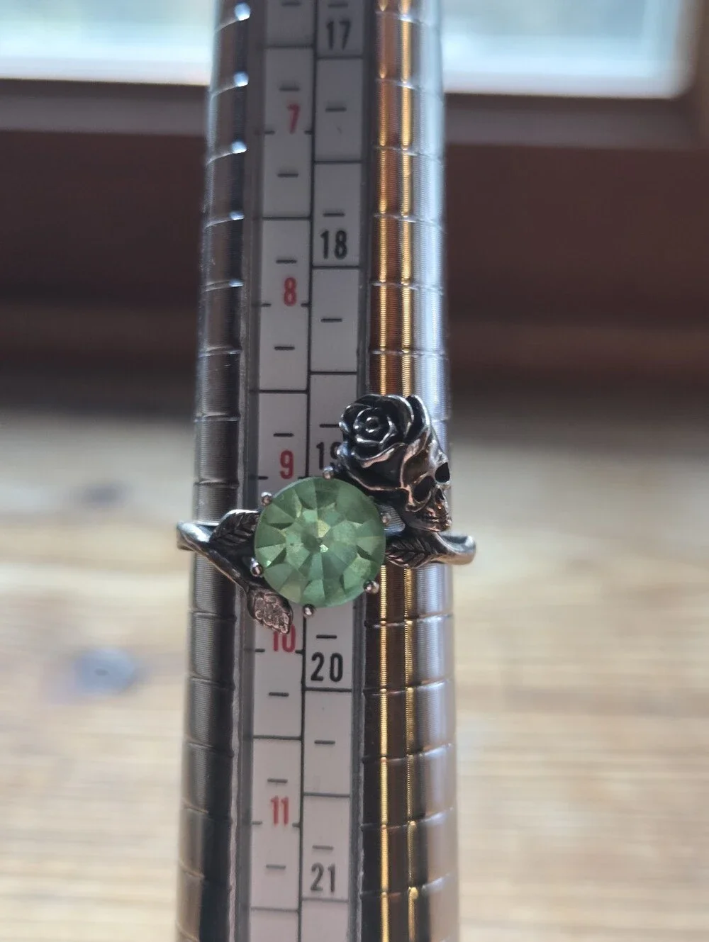 2ct Uranium Glass Rose and Skull Ring - Sterling Silver